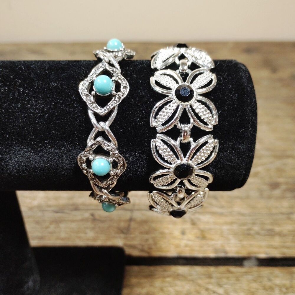 TWO Vintage Sarah Coventry Bracelet Silver Tone Signed Costume Chain Floral